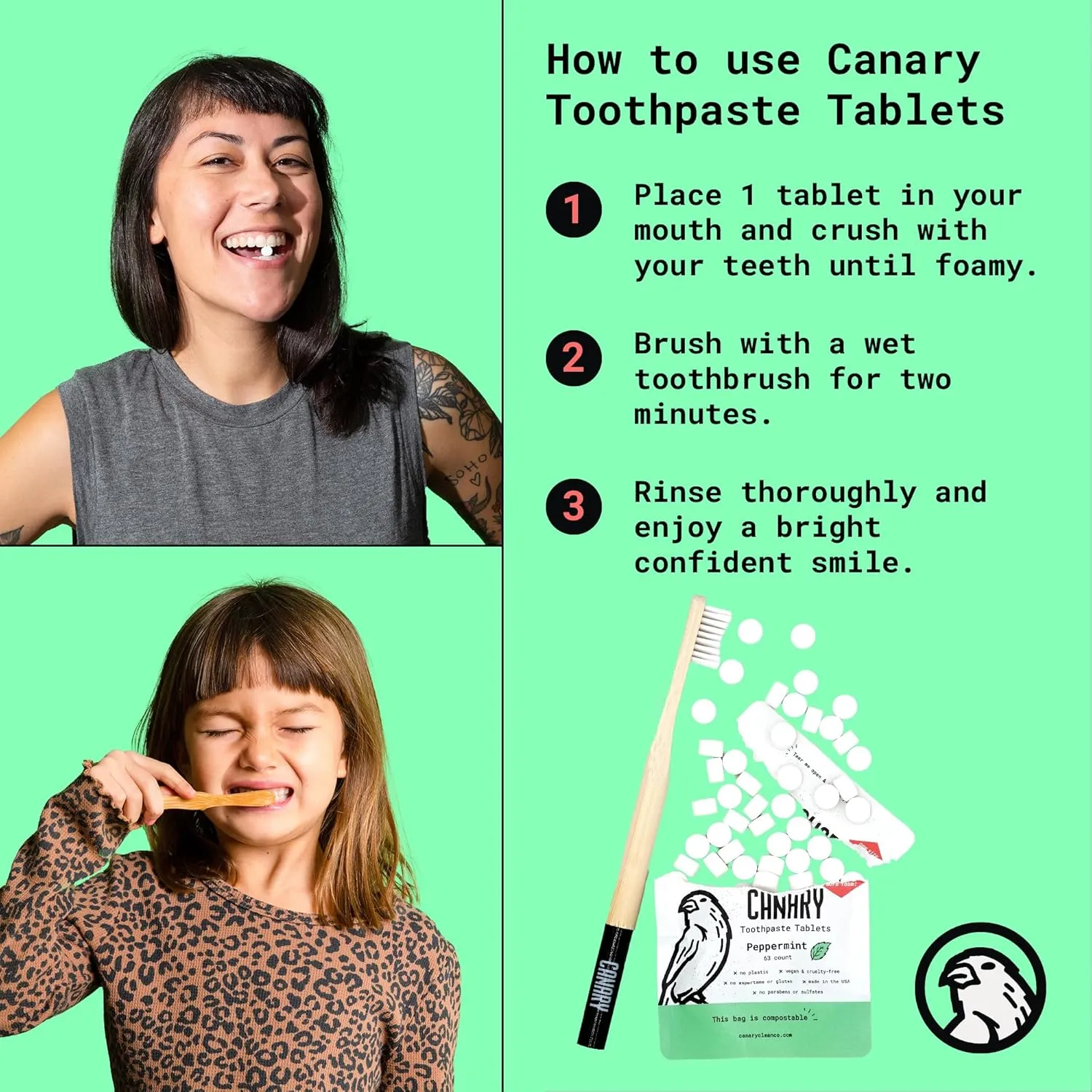 Canary Nano Hydroxyapatite Toothpaste Tablets Watermelon- Remineralizing, Fluoride Free, All Natural Tabs with Xylitol - Great for Kids, Plastic Free - 126 Count