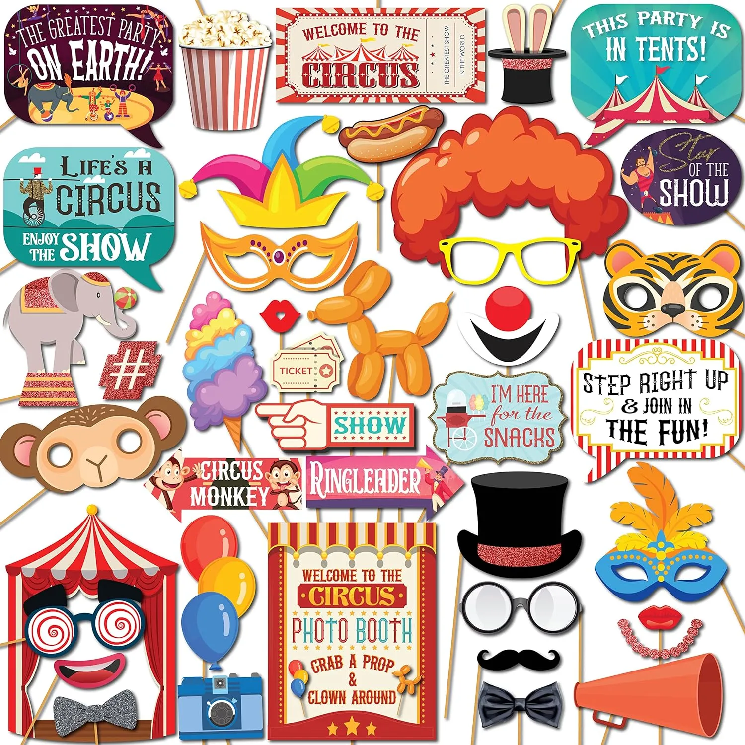 Carnival Photo Booth Props - 41-pc Photobooth Kit with 8 x 10-Inch Sign, 60 Adhesive Pads, 45 Sticks - Circus Theme Party Decorations - Carnival Backdrop