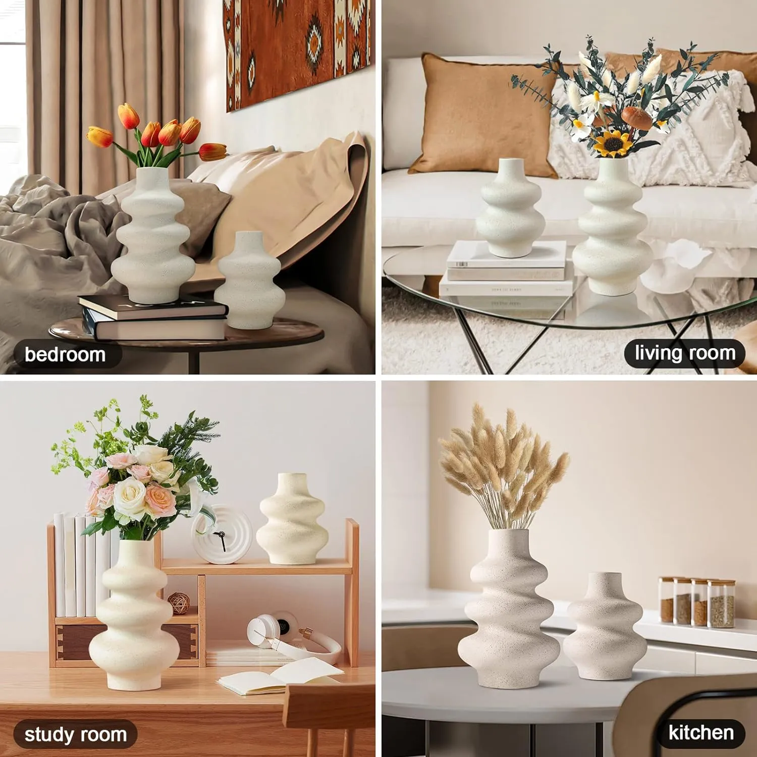 Ceramic Vases Set of 2-White Vase for Modern Home Decor, Flower Vases for Aesthetic Room Decor,Boho Decor Wedding Dinner Table Party Office Centerpiece Table Decorations (A White)