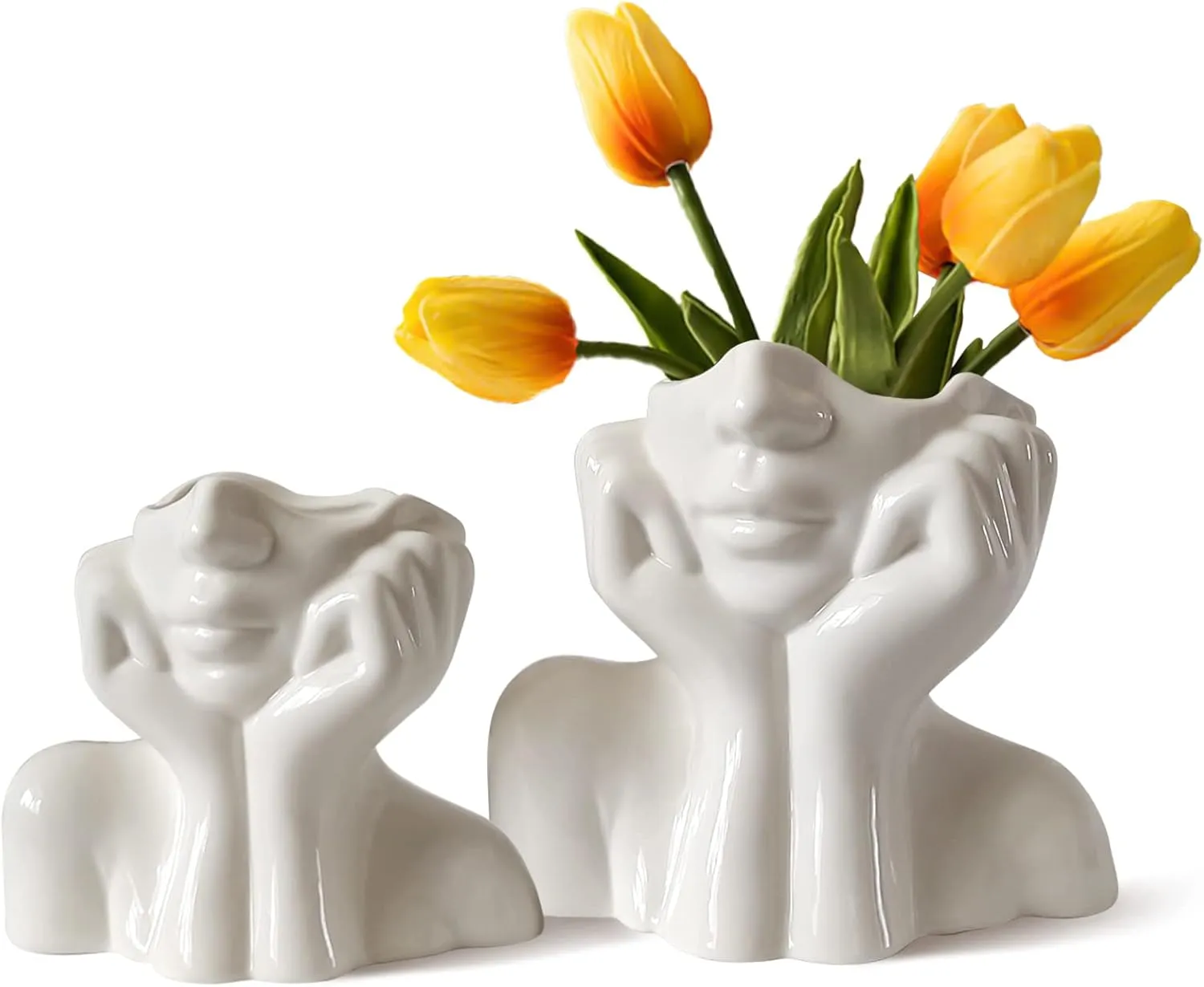 Ceramic Vases Set of 2-White Vase for Modern Home Decor, Flower Vases for Aesthetic Room Decor,Boho Decor Wedding Dinner Table Party Office Centerpiece Table Decorations (White face)