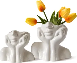 Ceramic Vases Set of 2-White Vase for Modern Home Decor, Flower Vases for Aesthetic Room Decor,Boho Decor Wedding Dinner Table Party Office Centerpiece Table Decorations (White face)