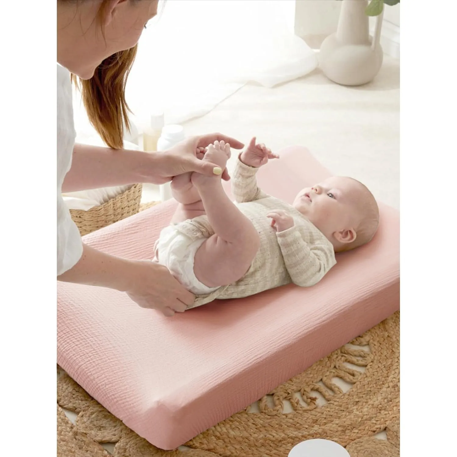 Changing Pad Cover for Neutral Baby Muslin Soft Cotton Diaper Changing Table Pad Cover Changing Pad Sheets for Girls and Boys - 2 Pack(Ivory&Pink)