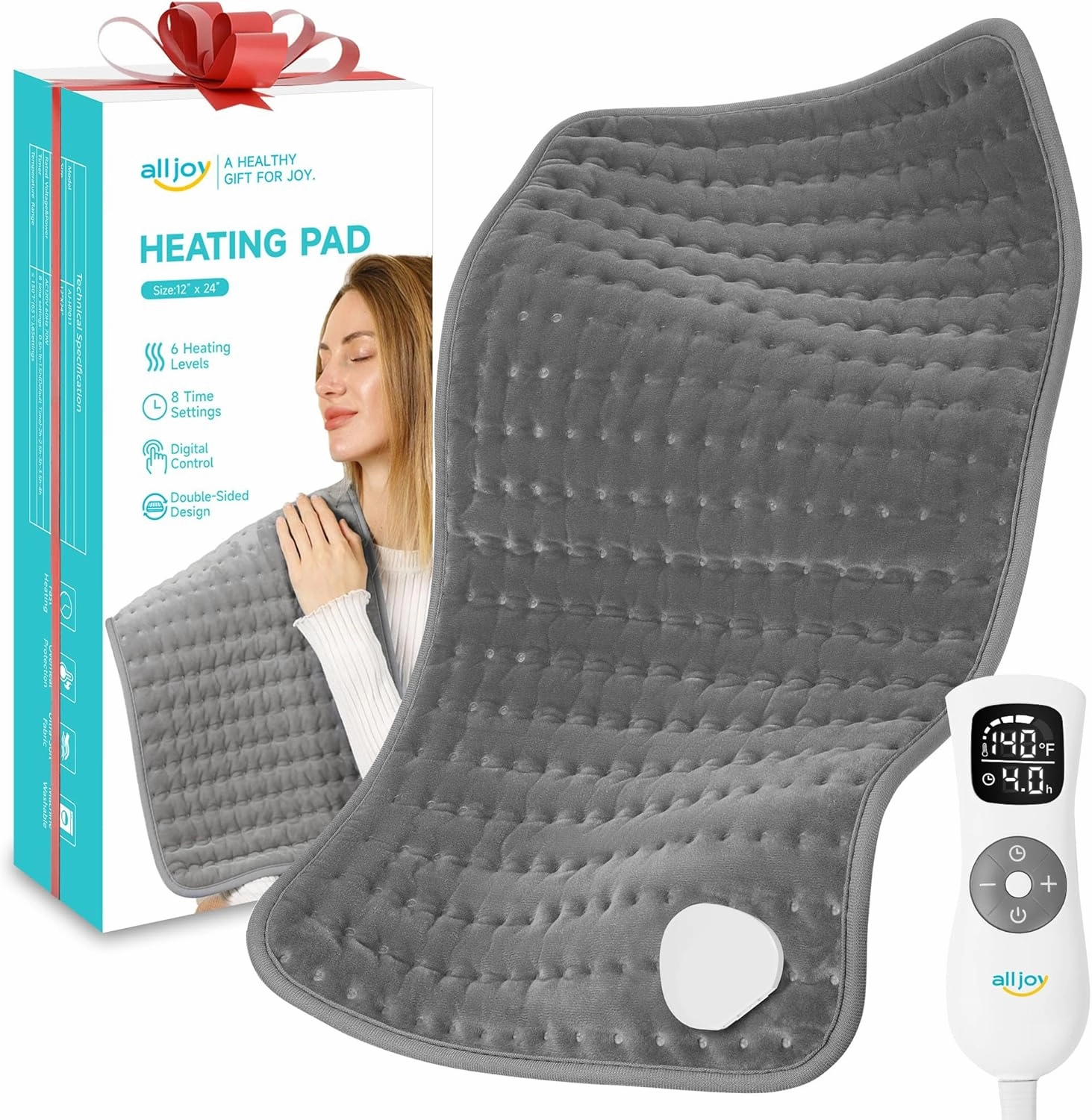 Christmas Gifts for Women Mom Dad Men, Heating Pad for Back Pain Relief, 6 Heat Levels & 8 Timers, 24" x 12" Large Heat Pad Moist & Dry Heat Therapy, Heating Pad for Cramps, Shoulder, Leg, Arm - Grey
