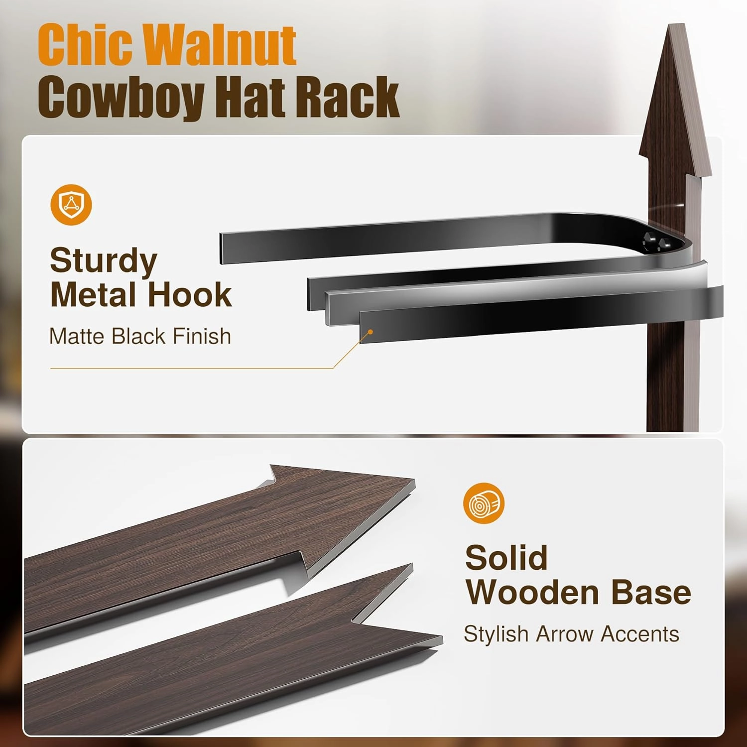 Cinati Cowboy Hat Rack, Cowboy Hat Holder Wall Mount Holds up to 4 Hats, Wooden Western Rustic Metal Cowboy Hat Hanger with Arrow Sign Board, Hat Rack for Cowboy Hat, Fedora, Sun Hats (1 Pack)