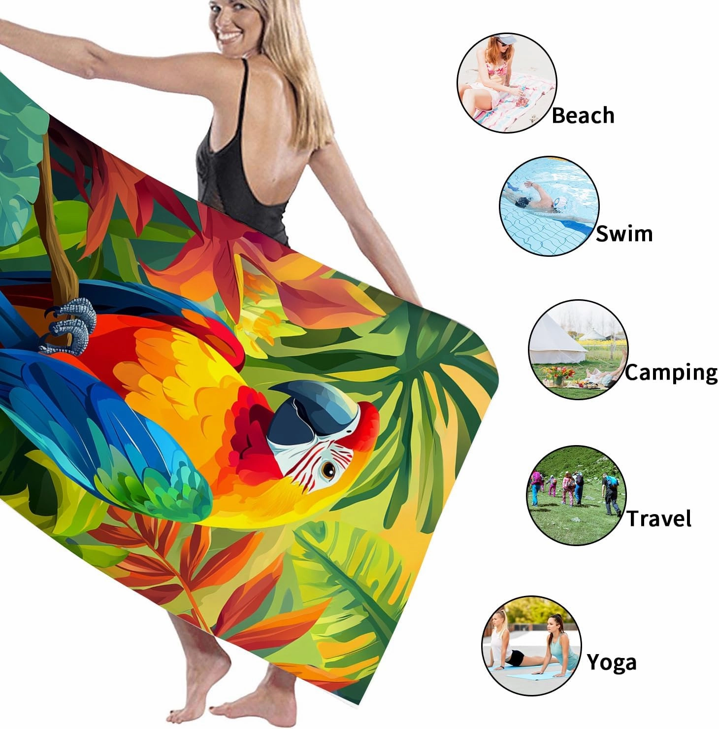 Colorful Tropical Parrot Beach Towel Vibrant Bird Design Bath Towel, Quick Dry Absorbent Sand Free Lightweight Beach Blanket, Summer Pool Picnic Essentials 62x31 Inch