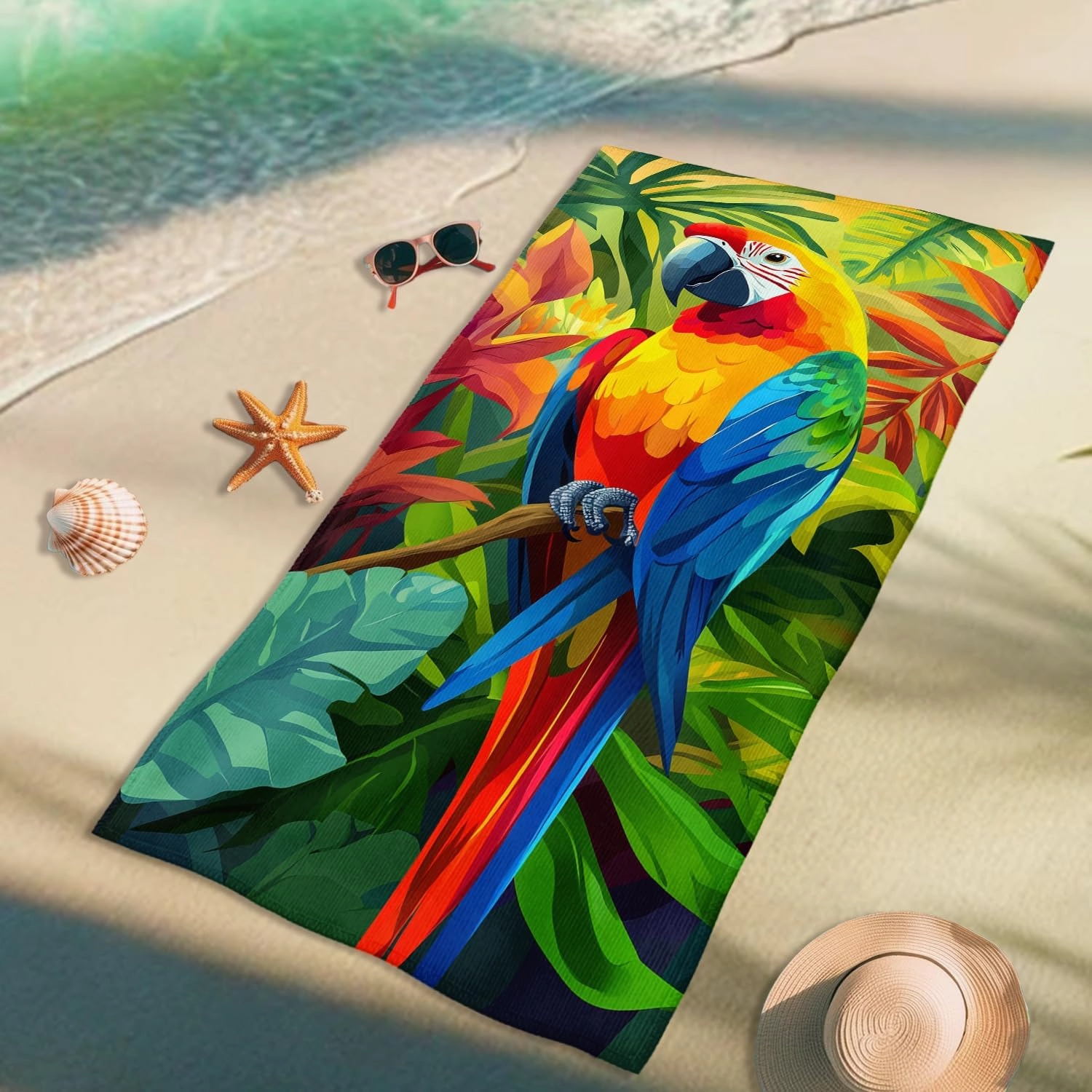 Colorful Tropical Parrot Beach Towel Vibrant Bird Design Bath Towel, Quick Dry Absorbent Sand Free Lightweight Beach Blanket, Summer Pool Picnic Essentials 62x31 Inch