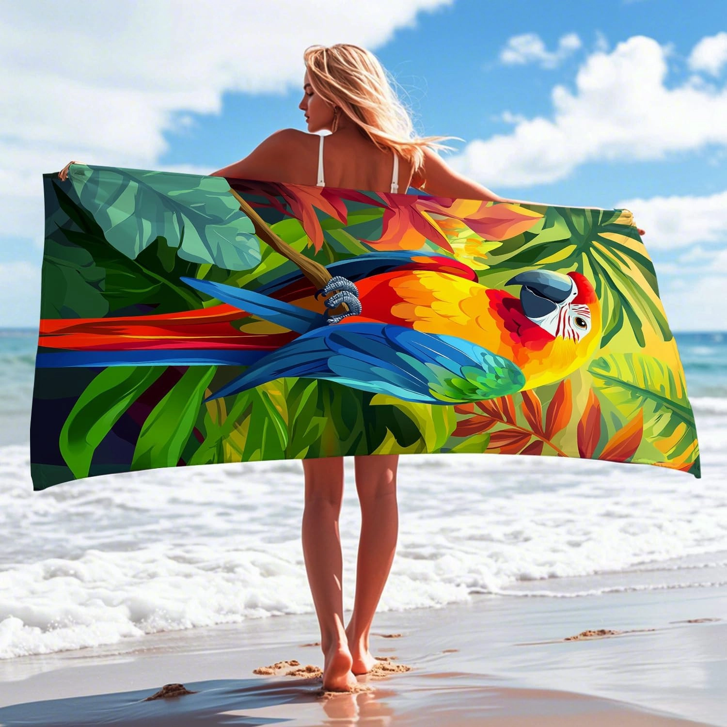 Colorful Tropical Parrot Beach Towel Vibrant Bird Design Bath Towel, Quick Dry Absorbent Sand Free Lightweight Beach Blanket, Summer Pool Picnic Essentials 62x31 Inch