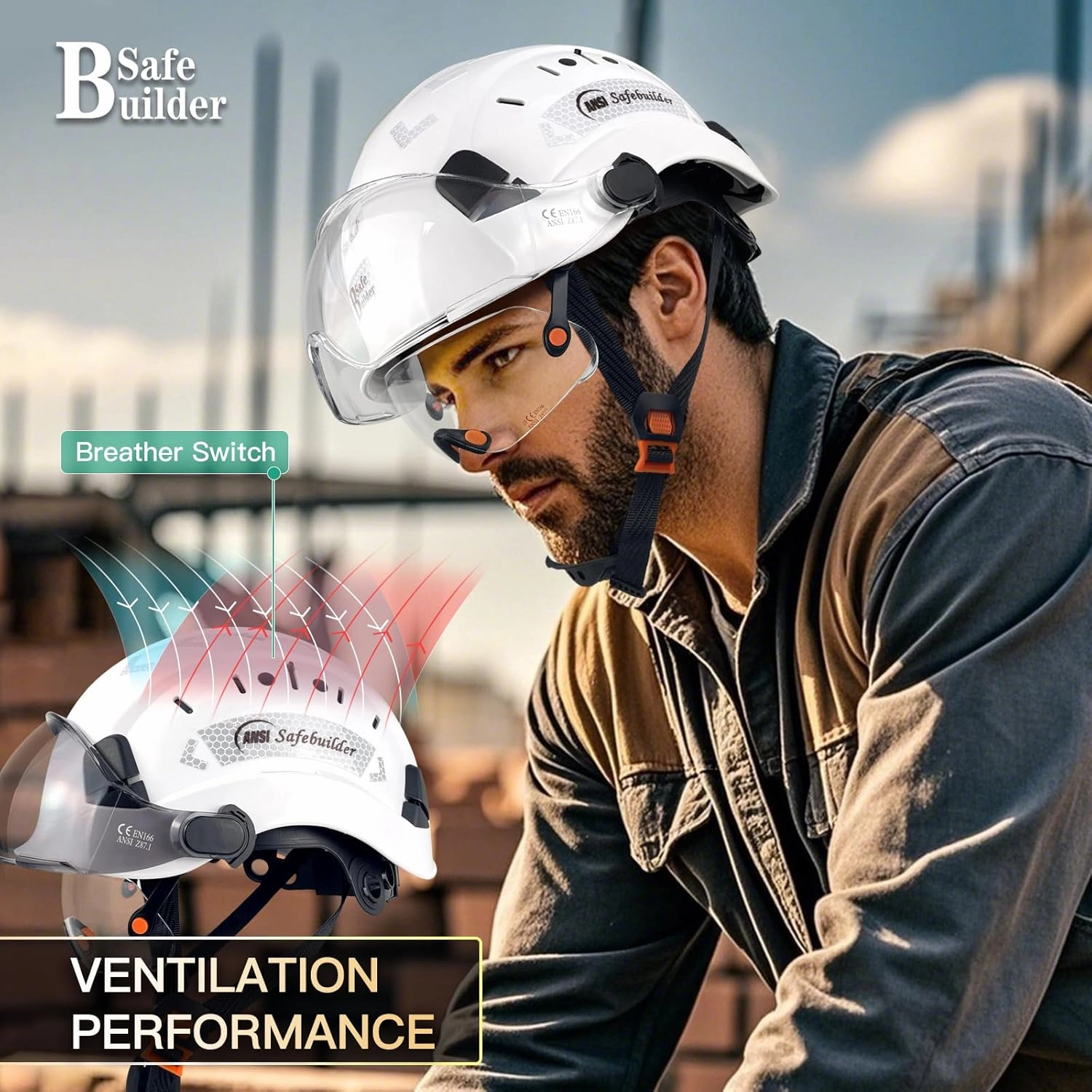 Construction Safety Helmet with Build-in Visor ABS Hard Hat with Visor Adjustable Ventilation Hardhats Work Head Protection ANSI/ISEA Z89.1