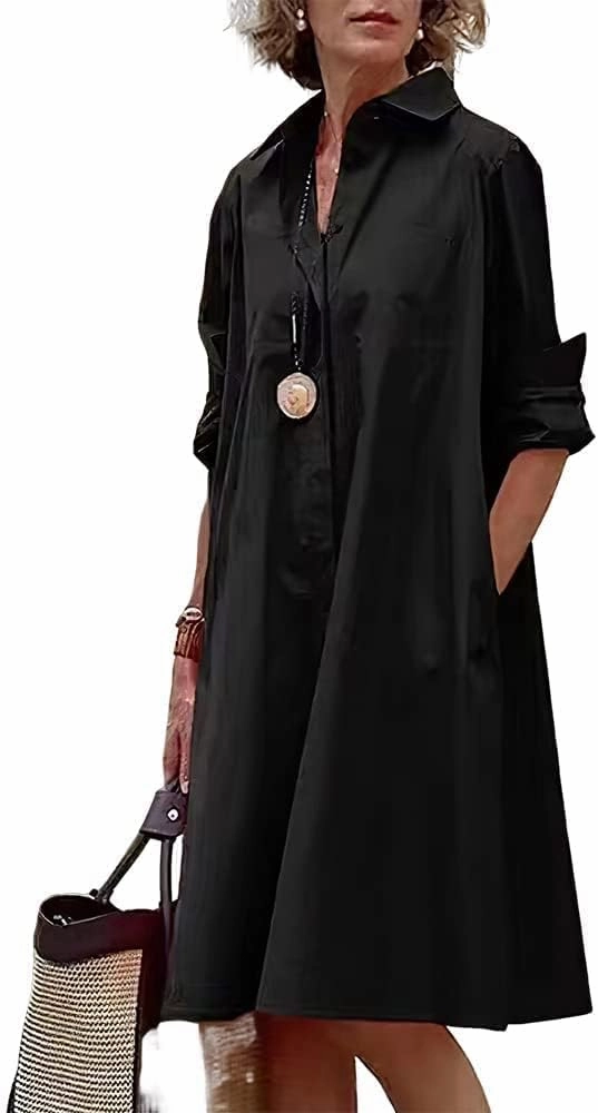 Costaric Women's Long Sleeve Button Down Shirt Dress Cotton Linen V Neck Loose Fit Casual Shirt Dresses with Pockets