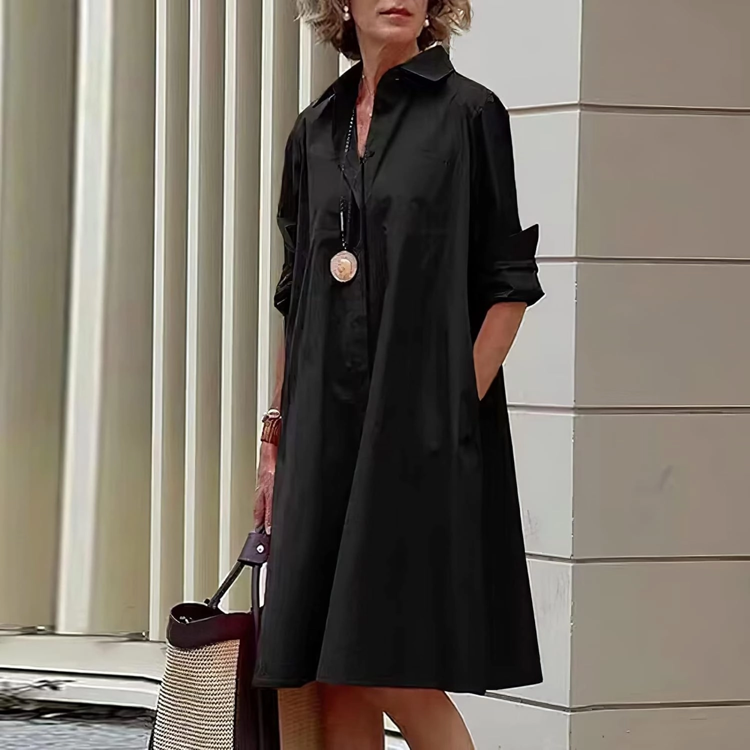 Costaric Women's Long Sleeve Button Down Shirt Dress Cotton Linen V Neck Loose Fit Casual Shirt Dresses with Pockets
