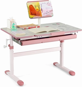 Costzon Kids Desk, Ergonomic Height-Adjustable Children Study Table w/Tiltable Desktop & Book Stand, Pull-Out Storage Drawer & Scale Ruler, Student Workstation for Writing, Drawing, Reading (Pink)
