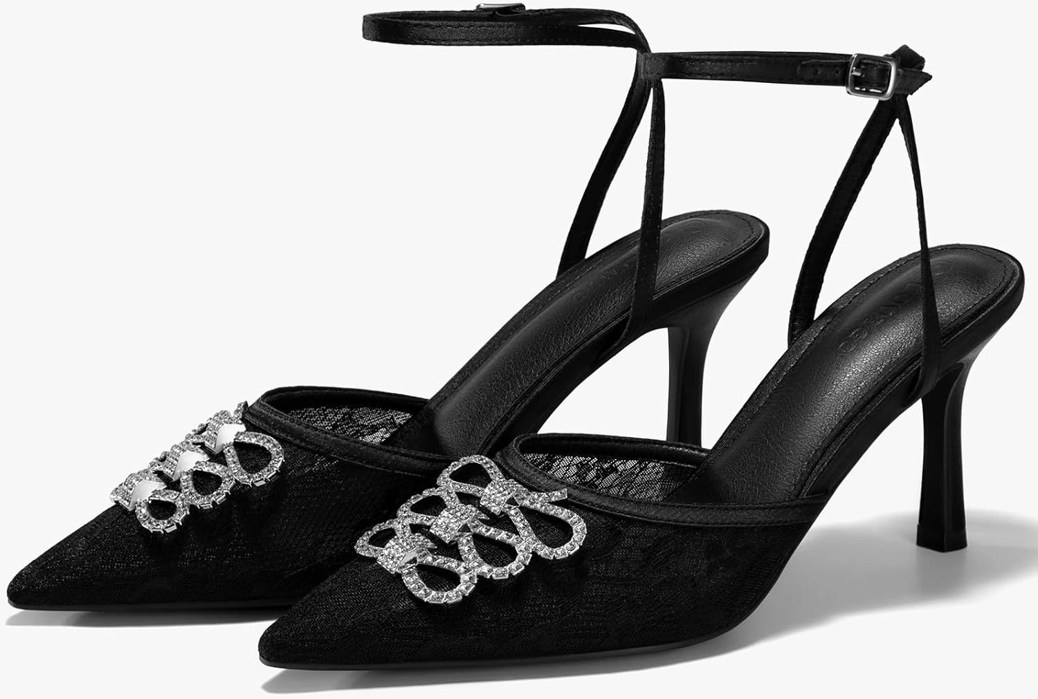 Coutgo Womens Rhinestone High Heels Closed Pionted Toe Bow Mesh Pumps Ankle Strap Wedding Bride Dress Shoes