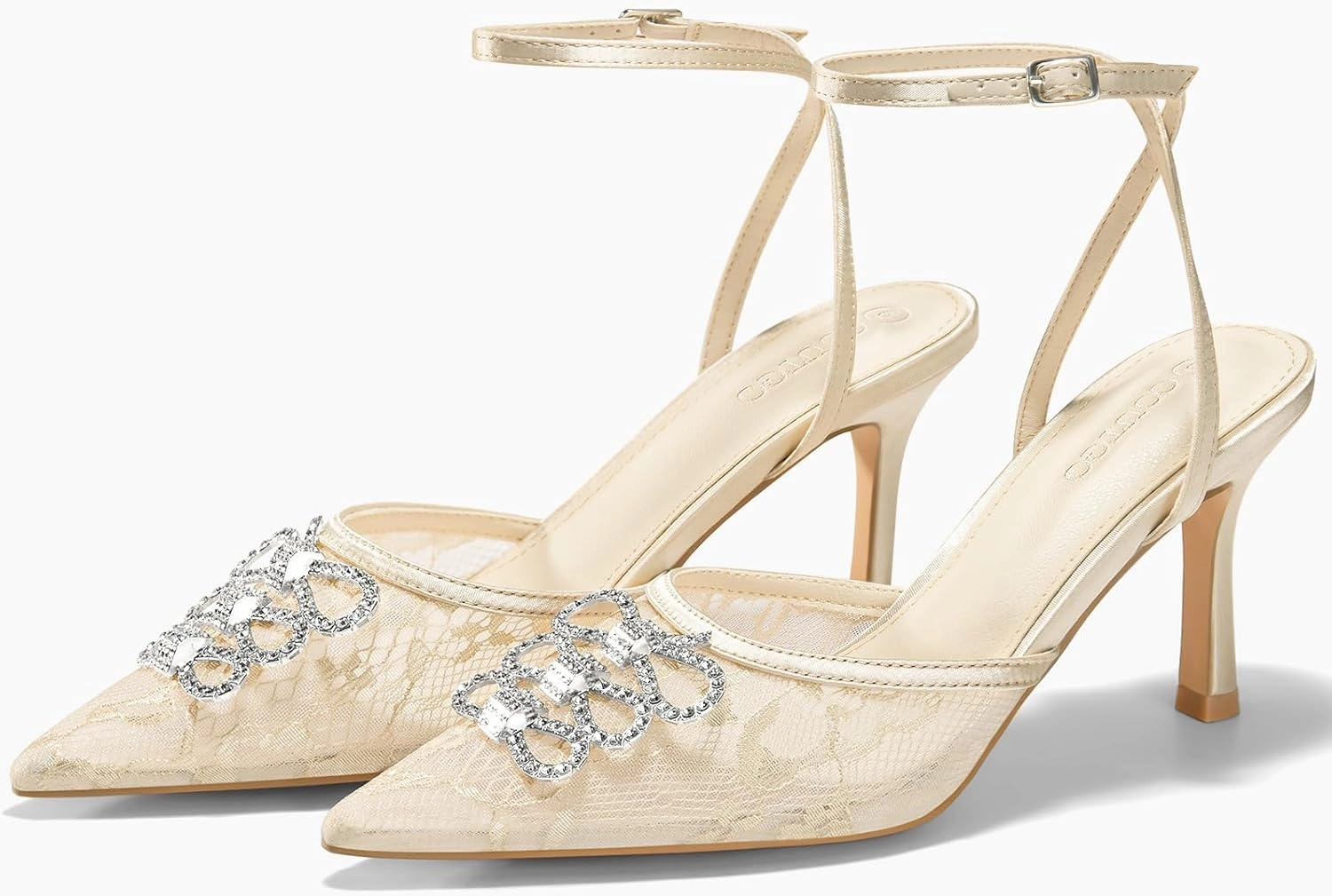 Coutgo Womens Rhinestone High Heels Closed Pionted Toe Bow Mesh Pumps Ankle Strap Wedding Bride Dress Shoes
