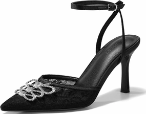 Coutgo Womens Rhinestone High Heels Closed Pionted Toe Bow Mesh Pumps Ankle Strap Wedding Bride Dress Shoes