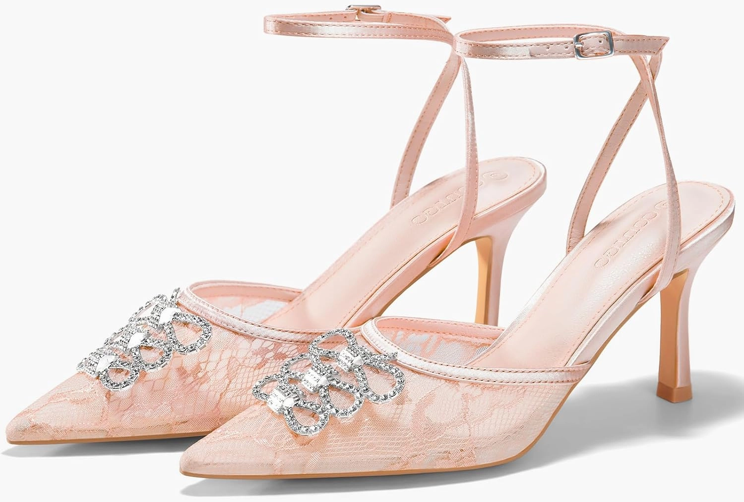 Coutgo Womens Rhinestone High Heels Closed Pionted Toe Bow Mesh Pumps Ankle Strap Wedding Bride Dress Shoes