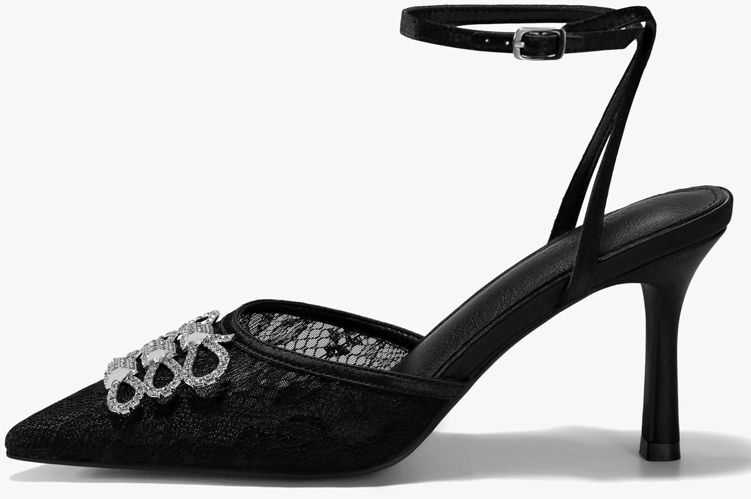 Coutgo Womens Rhinestone High Heels Closed Pionted Toe Bow Mesh Pumps Ankle Strap Wedding Bride Dress Shoes