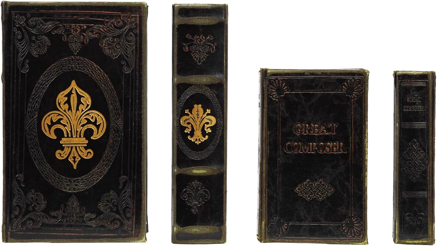 Creative Co-Op 2-Piece Wood and Faux Leather Book Storage Boxes with Fleur De Lis Great Composer, Black and Gold Color
