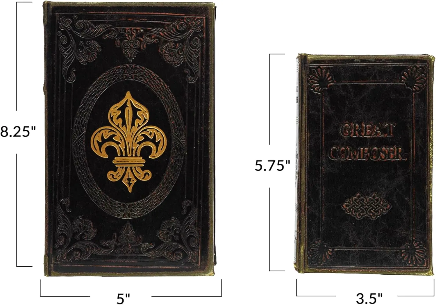 Creative Co-Op 2-Piece Wood and Faux Leather Book Storage Boxes with Fleur De Lis Great Composer, Black and Gold Color