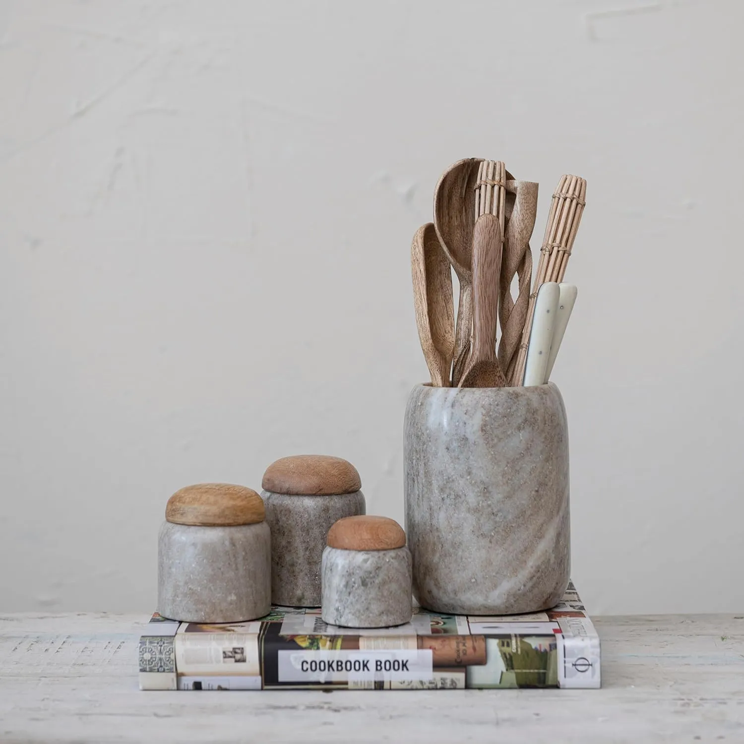 Creative Co-Op Modern Marble Canister with Wood Lid, Natural