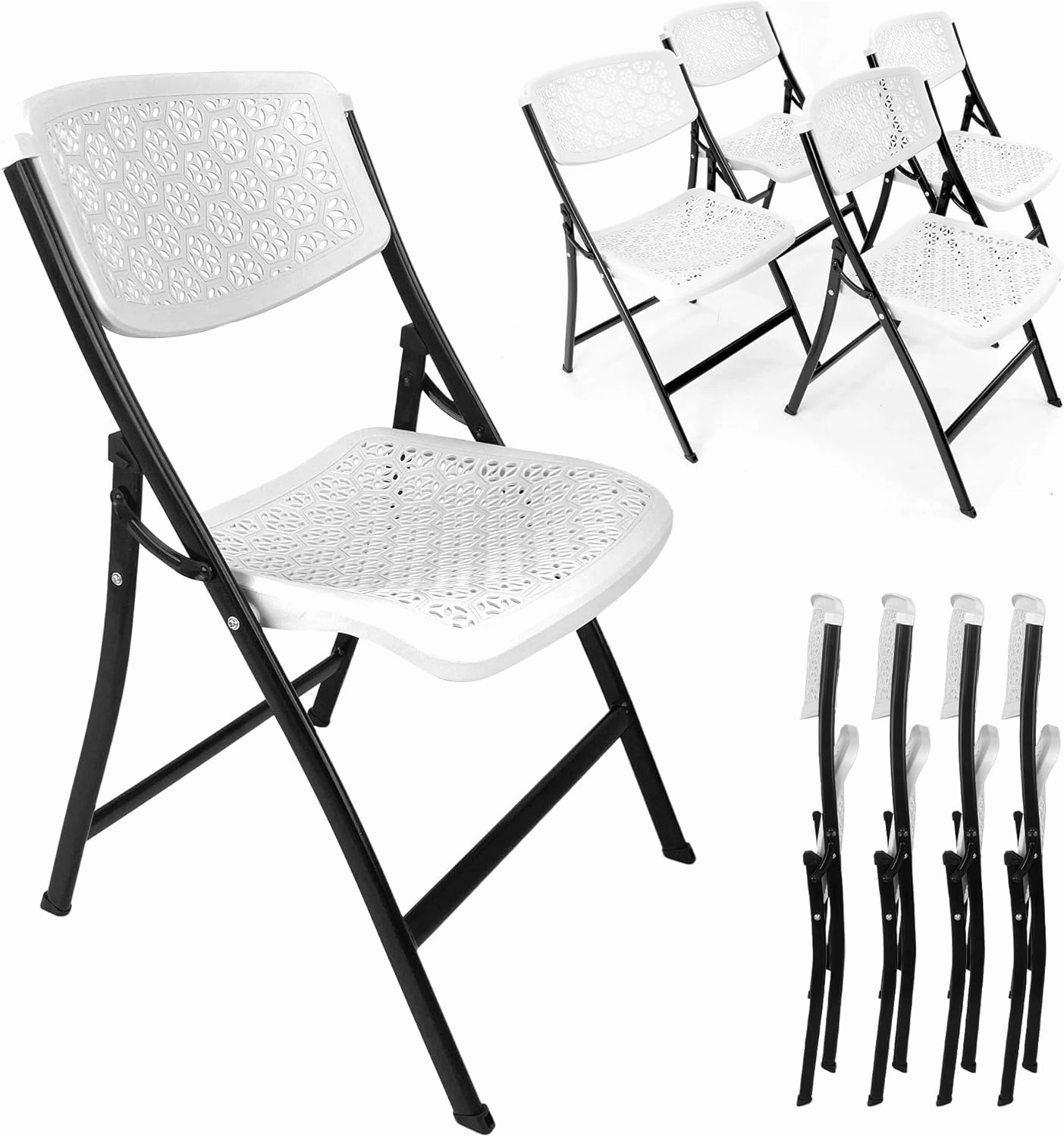 Creative Plastic Folding Camping Chairs (4 Pack) - Portable Lightweight Folding Chairs for Indoor and Outdoor Steel Frame Used for Events, Party, Garden (White)