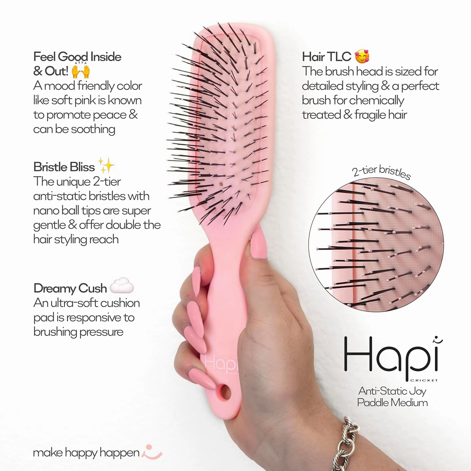 Cricket Hapi Anti-Static Joy Paddle Brush - Ultra-Soft Cushion Pad, 2-Tier Anti-Static Bristles, Gentle Detangling Hair Brush for Women, Men, and Stylists, Ideal for Fine Hair - Medium, Soft Pink