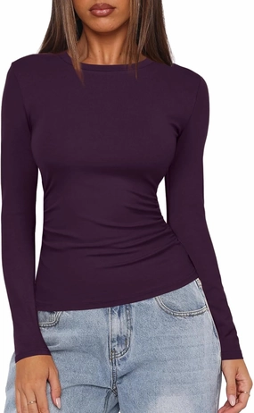 Darong Women's Long Sleeve Crew Neck Shirts Fall Basic Casual Ruched Side Slim Fit T Shirts Tee Tops