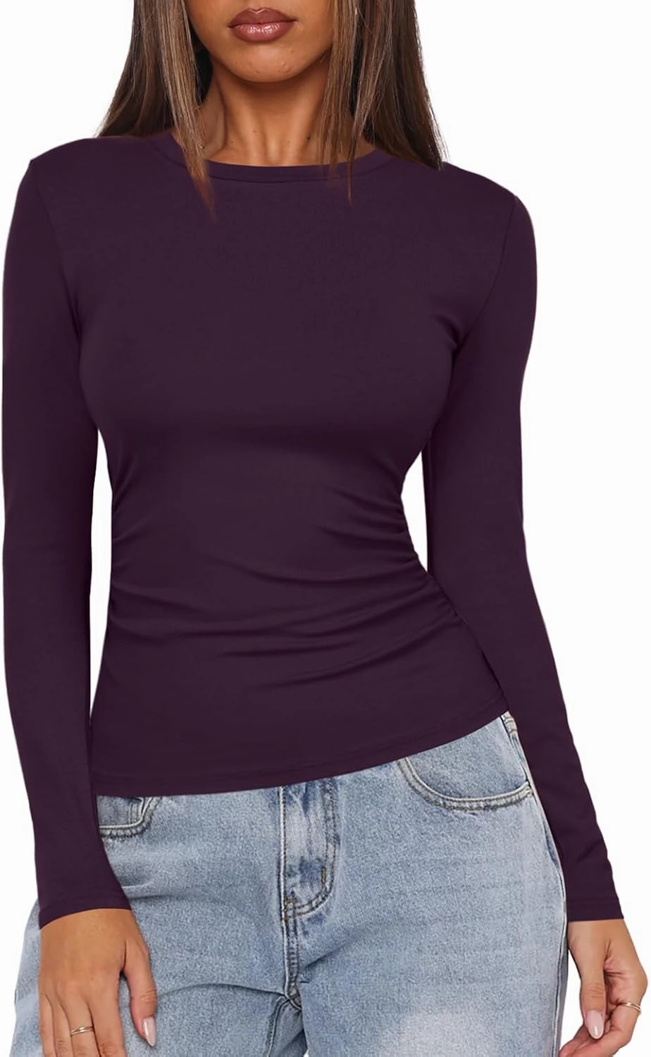 Darong Women's Long Sleeve Crew Neck Shirts Fall Basic Casual Ruched Side Slim Fit T Shirts Tee Tops