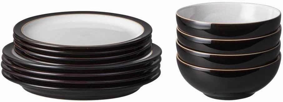 Denby Elements Black Dinnerware Set - 4/12 Piece Ceramic Tableware - Dishwasher & Microwave Safe - 4 Dinner Plates, 4 Medium Plates, 4 Cereal Bowls