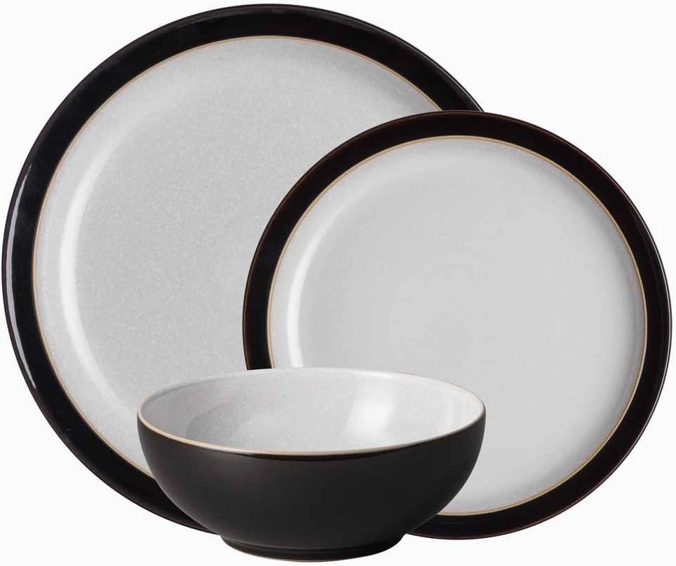 Denby Elements Black Dinnerware Set - 4/12 Piece Ceramic Tableware - Dishwasher & Microwave Safe - 4 Dinner Plates, 4 Medium Plates, 4 Cereal Bowls