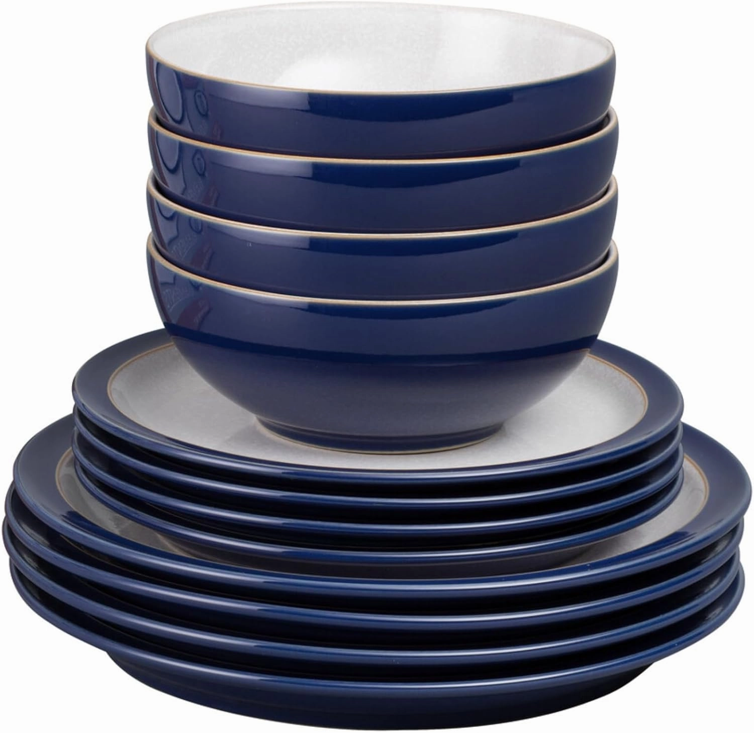 Denby Elements Dark Blue Dinner Set - 4/12 Piece Ceramic Tableware - Dishwasher & Microwave Safe - 4 Dinner Plates, 4 Medium Plates, 4 Cereal Bowls