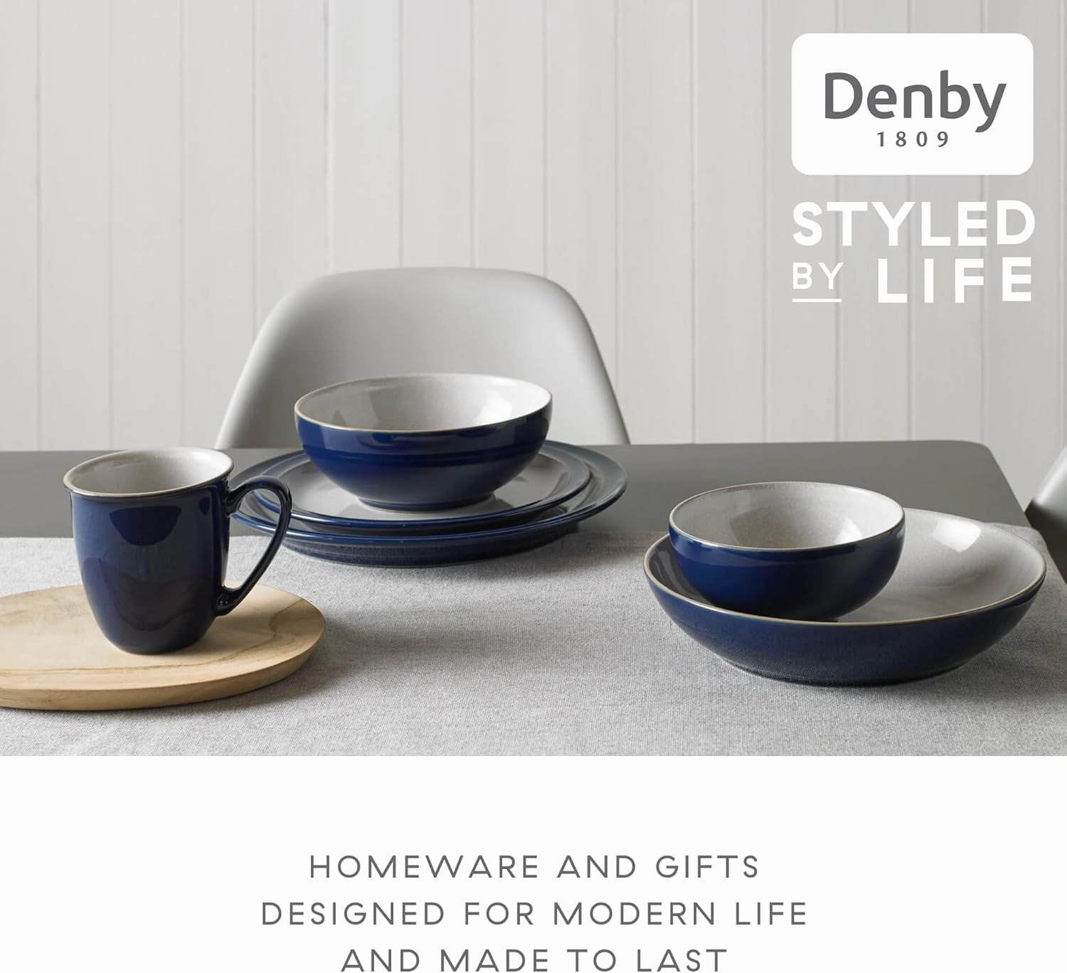 Denby Elements Dark Blue Dinner Set - 4/12 Piece Ceramic Tableware - Dishwasher & Microwave Safe - 4 Dinner Plates, 4 Medium Plates, 4 Cereal Bowls