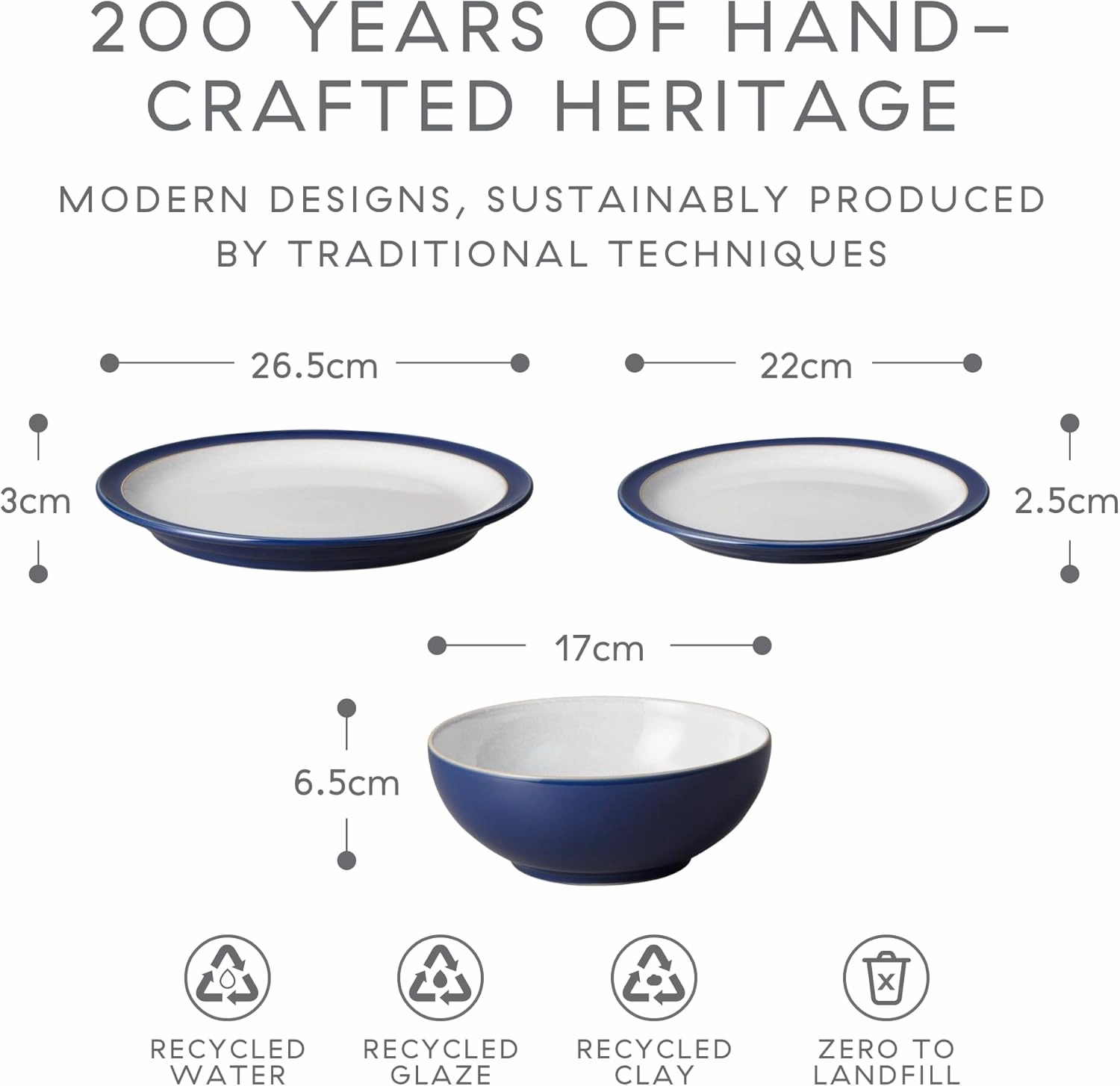 Denby Elements Dark Blue Dinner Set - 4/12 Piece Ceramic Tableware - Dishwasher & Microwave Safe - 4 Dinner Plates, 4 Medium Plates, 4 Cereal Bowls