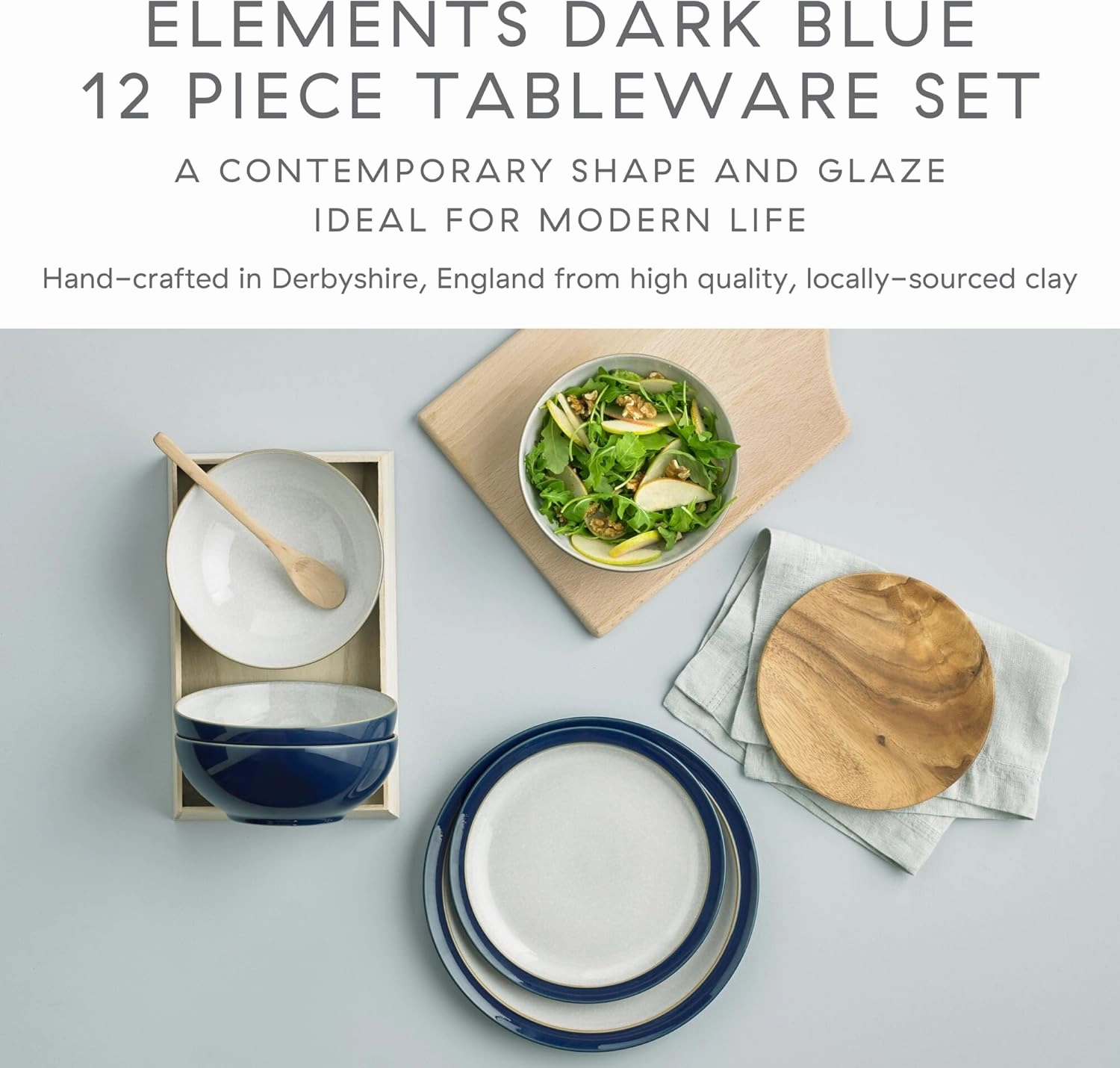 Denby Elements Dark Blue Dinner Set - 4/12 Piece Ceramic Tableware - Dishwasher & Microwave Safe - 4 Dinner Plates, 4 Medium Plates, 4 Cereal Bowls