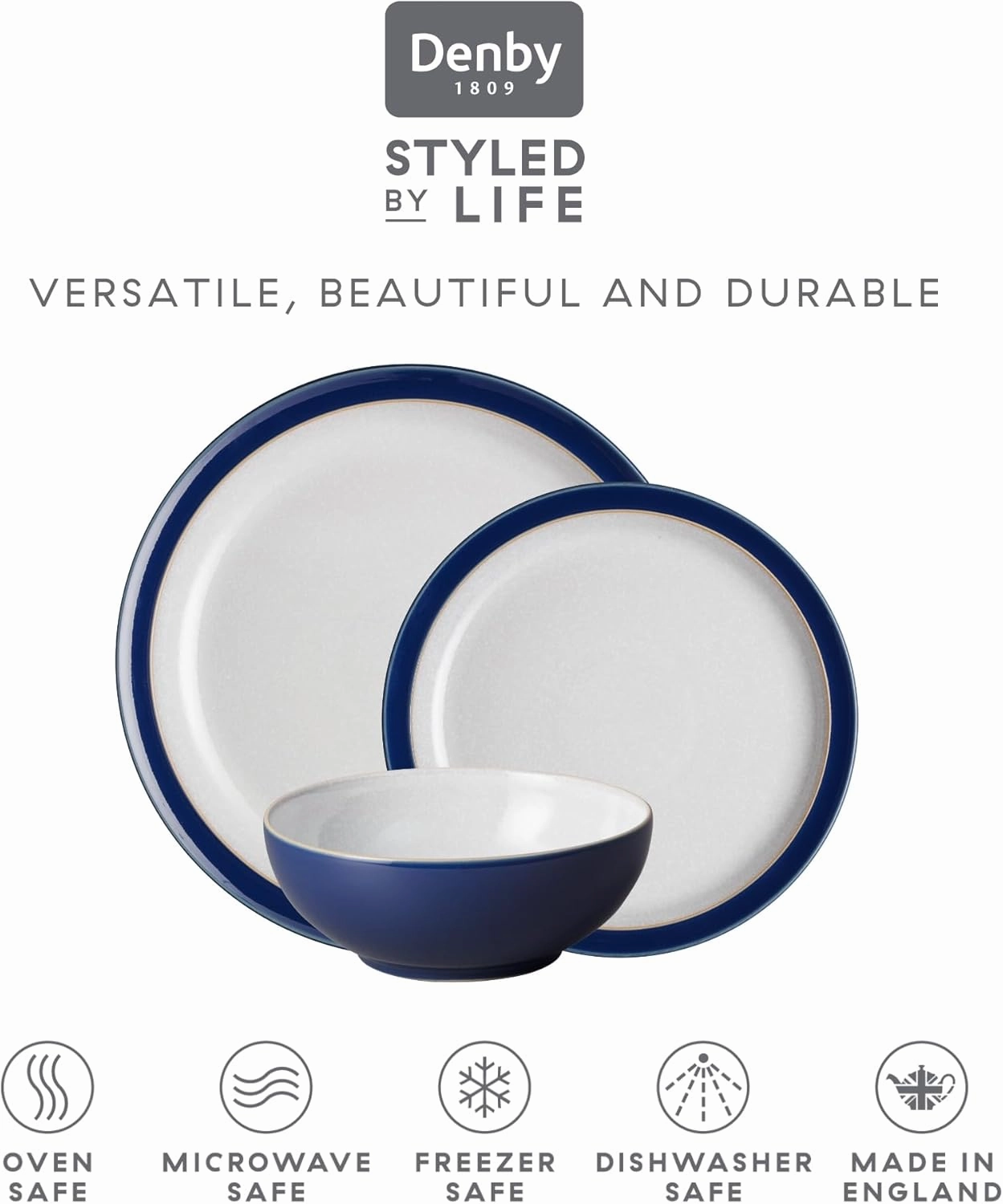 Denby Elements Dark Blue Dinner Set - 4/12 Piece Ceramic Tableware - Dishwasher & Microwave Safe - 4 Dinner Plates, 4 Medium Plates, 4 Cereal Bowls