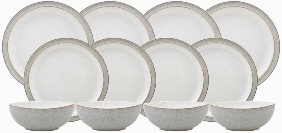 Denby Elements Light Grey Dinner Set - 4/12 Piece Ceramic Tableware - Dishwasher & Microwave Safe - 4 Dinner Plates, 4 Medium Plates, 4 Cereal Bowls