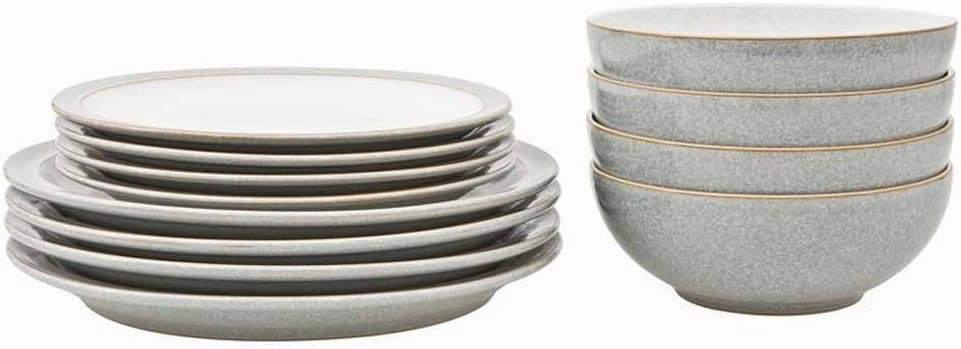 Denby Elements Light Grey Dinner Set - 4/12 Piece Ceramic Tableware - Dishwasher & Microwave Safe - 4 Dinner Plates, 4 Medium Plates, 4 Cereal Bowls