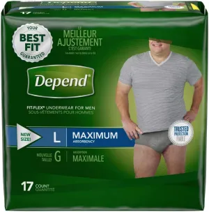Depends Men's Fitflex Large Incontinence Underwear, 17 Count, Large, Grey, Unscented, Leak Protection