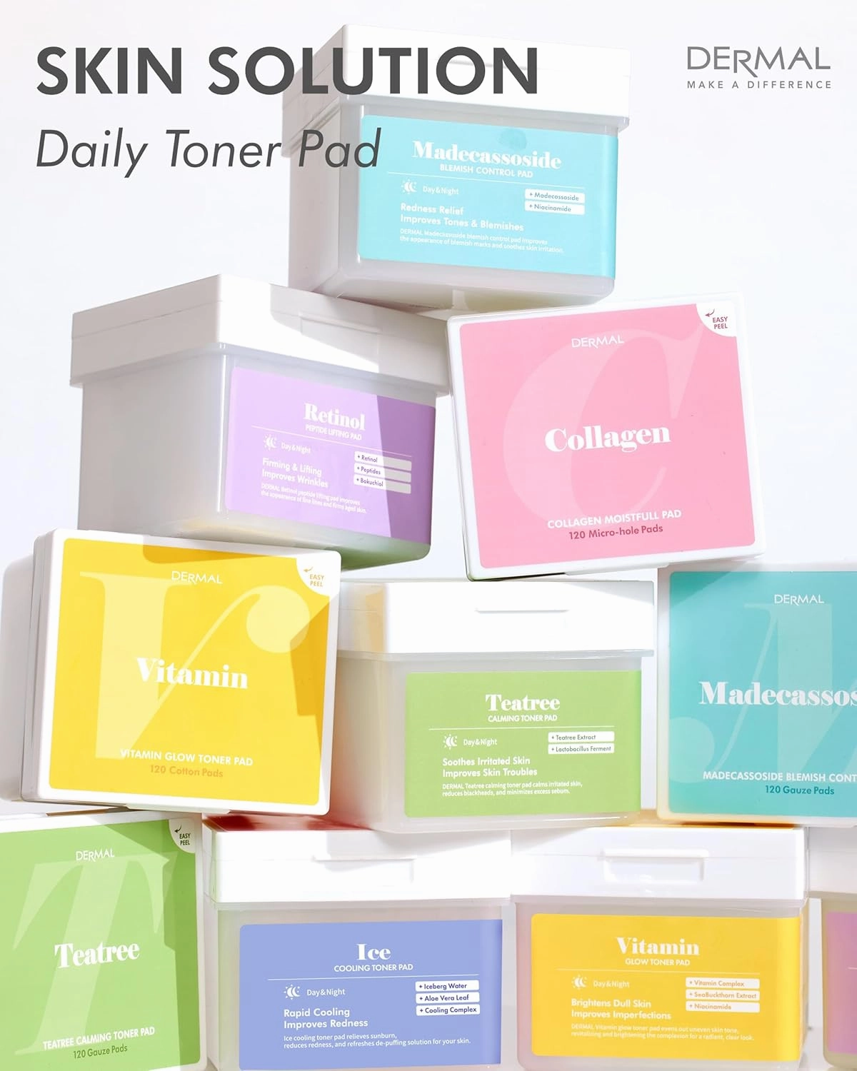 DERMAL Teatree Calming Toner Pad - Korean Toner Pad for Calming & Acne Improvement with Zinc PCA - Vegan Gauze Tencel Square Pads - High Capacity, 120 Sheets