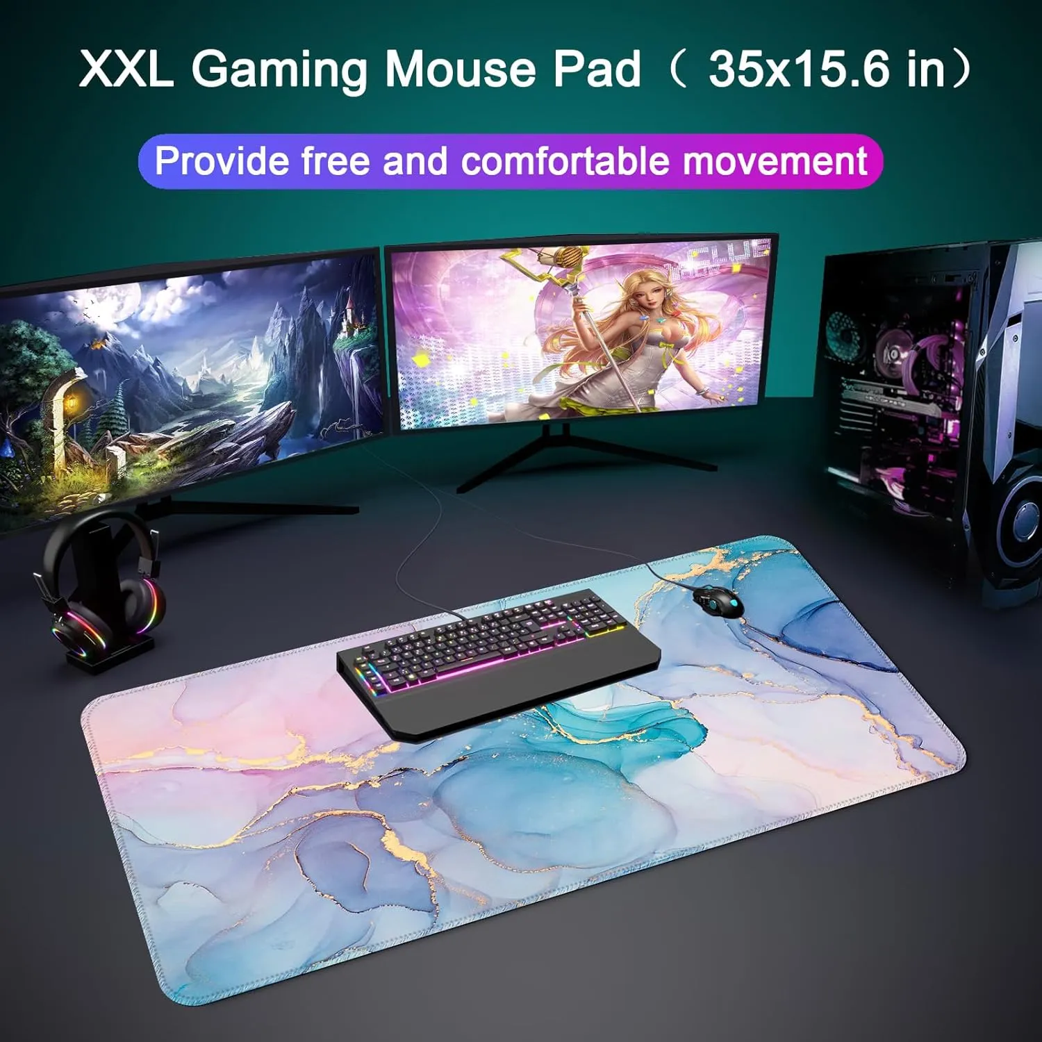 Desk Mat,Large Mouse Pad 35''×15.6'' XXL Extended Gaming Mouse Pad Mat with Non-Slip Base Stitched Eges Mousepad for Computer,Office,Keyboard and Laptop - Blue Marble
