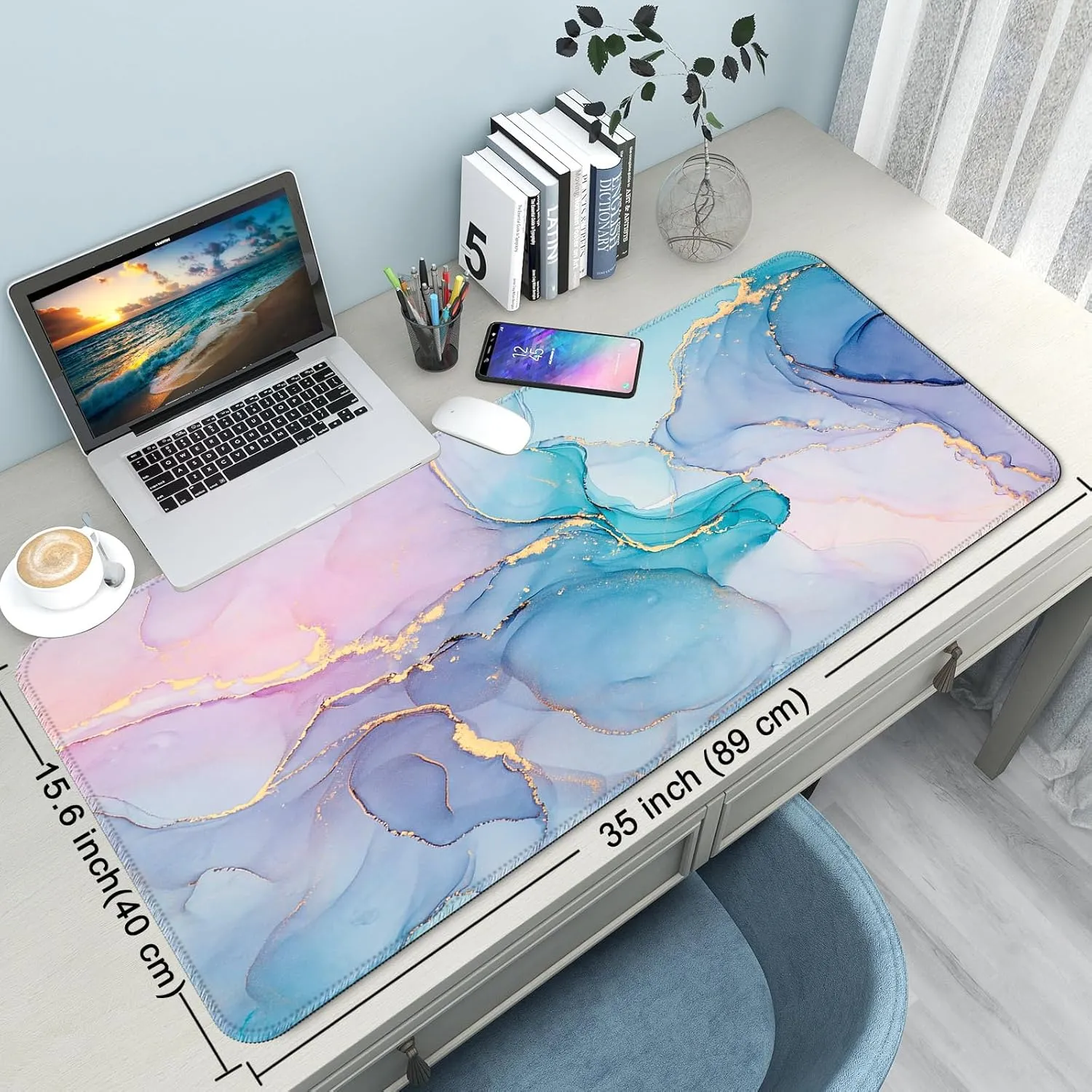 Desk Mat,Large Mouse Pad 35''×15.6'' XXL Extended Gaming Mouse Pad Mat with Non-Slip Base Stitched Eges Mousepad for Computer,Office,Keyboard and Laptop - Blue Marble