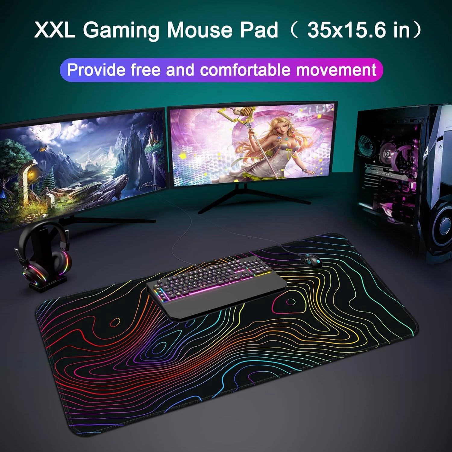Desk Mat,Large Gaming Mouse Pad 35''×15.6'' XXL Extended Mouse Pad Mat Desk Pad with Non-Slip Base Mousepad for Computer,Office,Keyboard and Laptop - Topographic