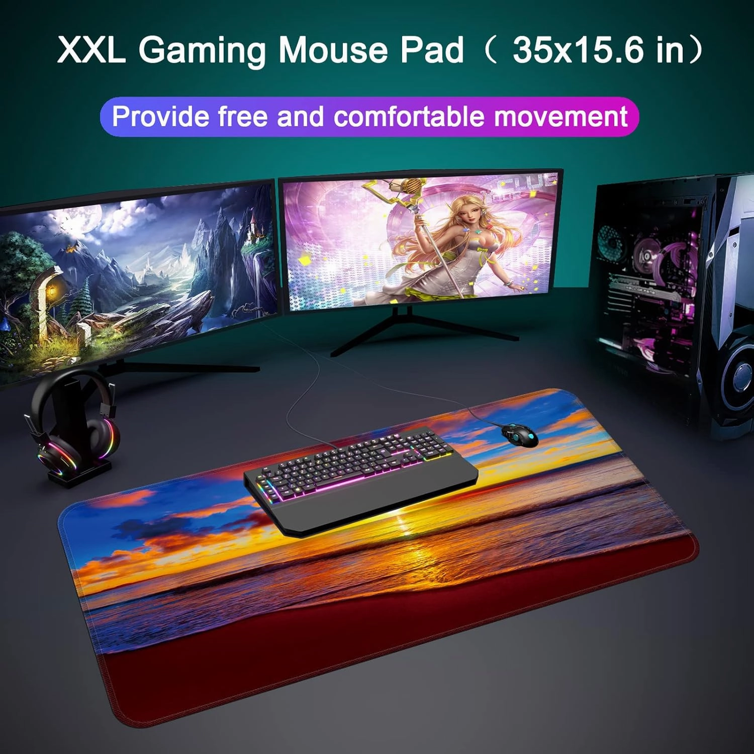 Desk Mat,Large Mouse Pad 35''×15.6'' XXL Extended Gaming Mouse Pad Mat with Non-Slip Base Stitched Eges Mousepad for Computer,Office,Keyboard and Laptop - Sunset Beach