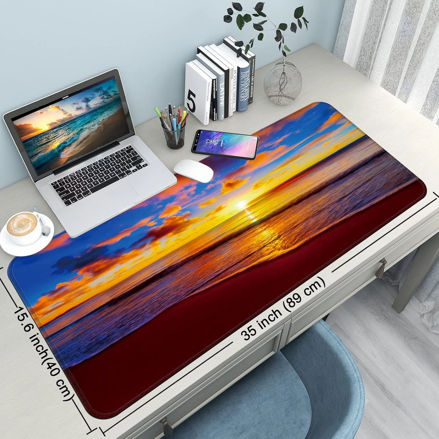Desk Mat,Large Mouse Pad 35''×15.6'' XXL Extended Gaming Mouse Pad Mat with Non-Slip Base Stitched Eges Mousepad for Computer,Office,Keyboard and Laptop - Sunset Beach