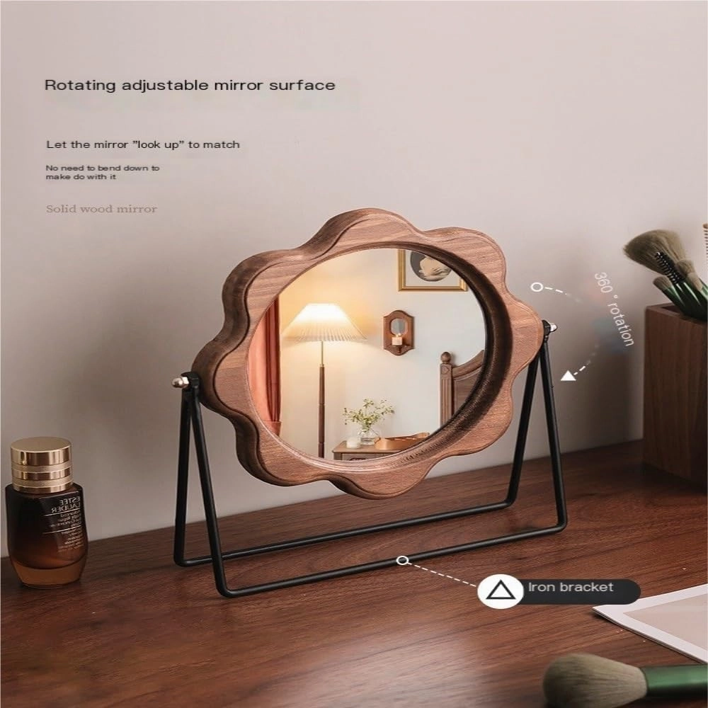 Desktop Makeup Mirror European Simple Retro National Style Wooden Makeup Mirror Portable Desktop Mirror rotatable