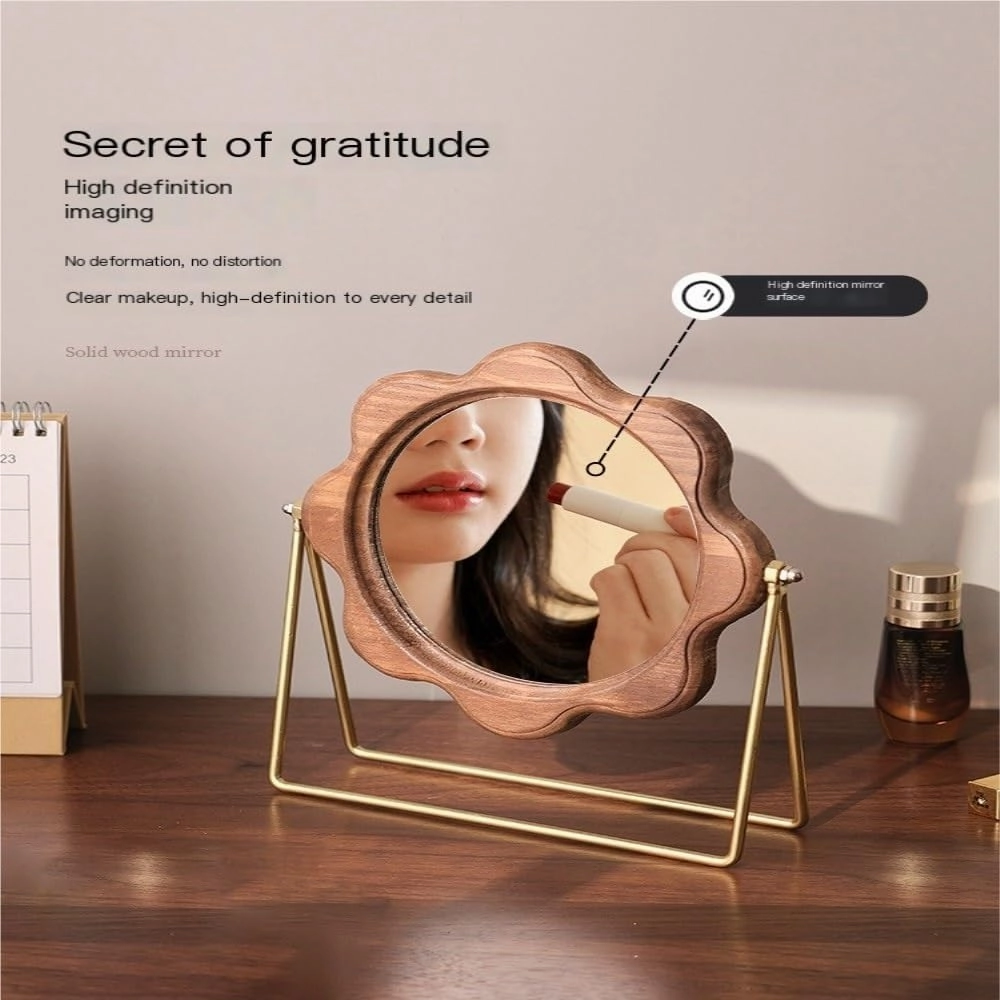Desktop Makeup Mirror European Simple Retro National Style Wooden Makeup Mirror Portable Desktop Mirror rotatable