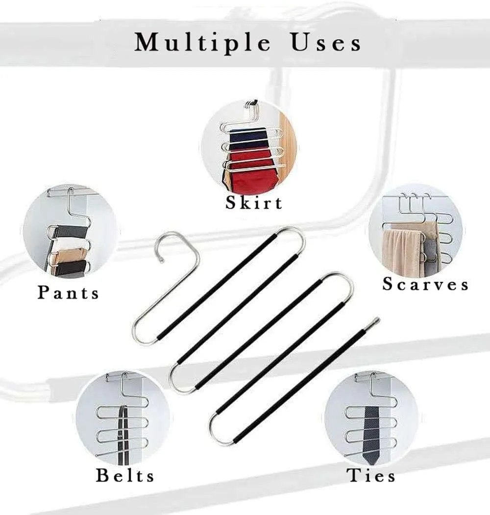 Devesanter Space Saving Non-Slip 4 Pack S-Shape Trousers Hangers - Stainless Steel Closet Storage Organizer for Pants, Jeans & Scarves - Black