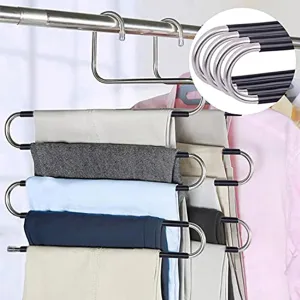 Devesanter Space Saving Non-Slip 4 Pack S-Shape Trousers Hangers - Stainless Steel Closet Storage Organizer for Pants, Jeans & Scarves - Black