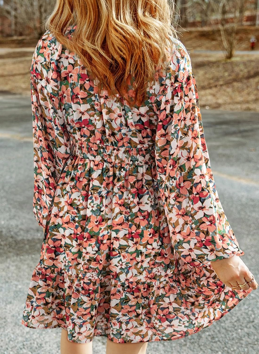 Dokotoo Womens Dresses 2025 Boho Floral V Neck Long Sleeve Smocked Elastic Waist Casual A-Line Swing Mini Dress Sundress