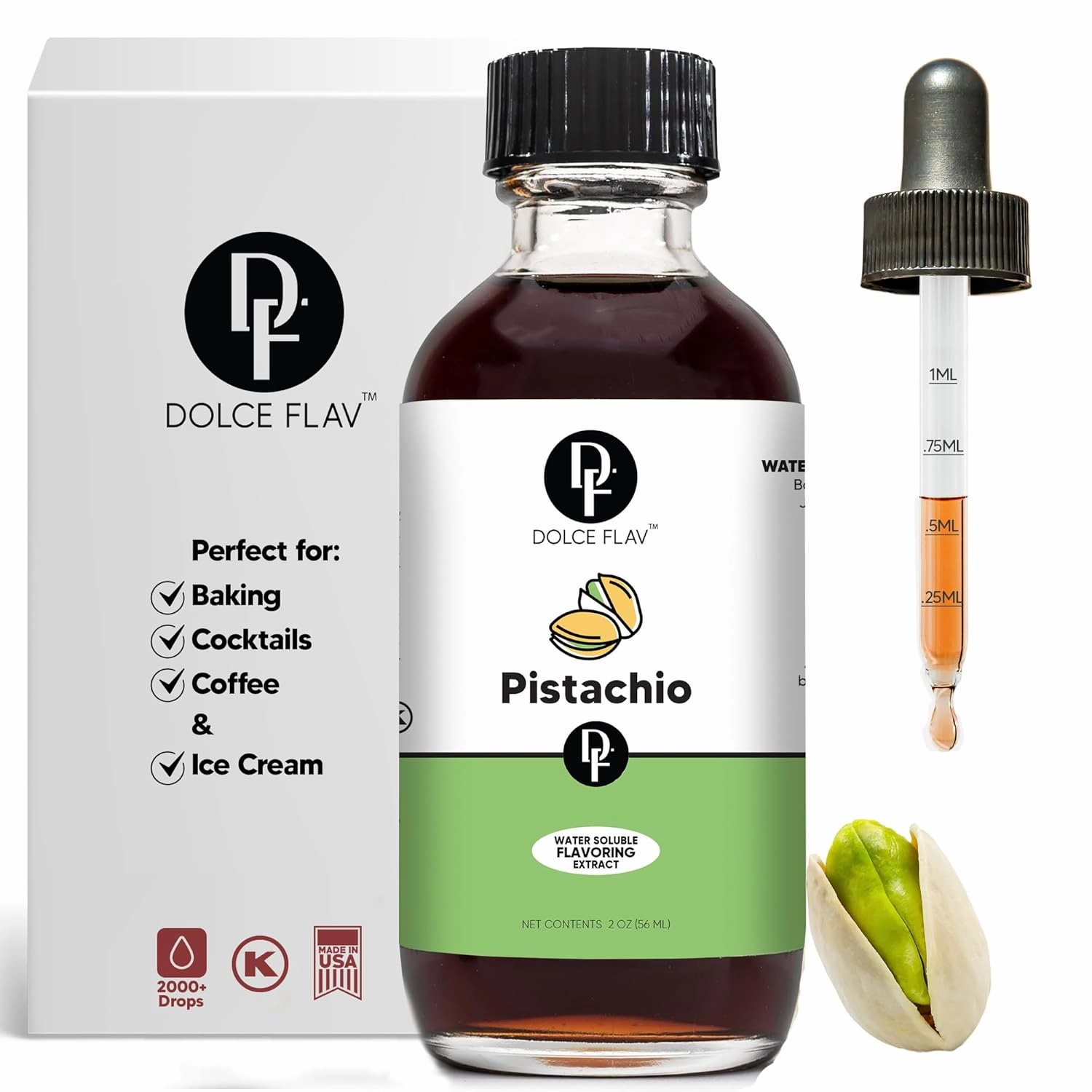 Dolce Flav Pistachio Extract 2 oz – Kosher, Sugar-Free, Concentrated Nutty Pistachio Flavor for Baking, Ice Cream & Pastries, Includes Measured Dropper