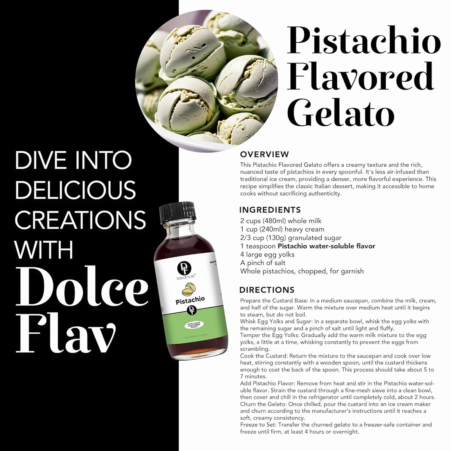 Dolce Flav Pistachio Extract 2 oz – Kosher, Sugar-Free, Concentrated Nutty Pistachio Flavor for Baking, Ice Cream & Pastries, Includes Measured Dropper
